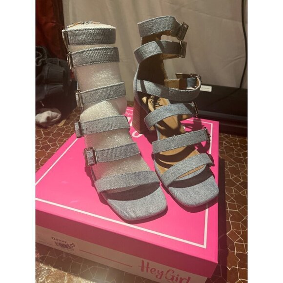 nwt in box corkys hey girl high heel denim sandals buckle up zipper closure - Picture 1 of 5